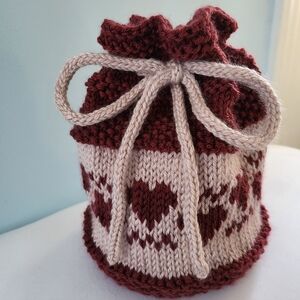 Hand Crafted knit drawstring bag with hearts 8 x 6